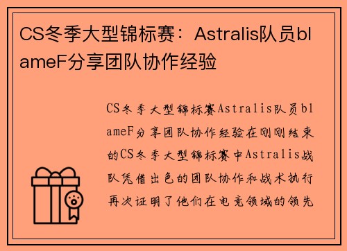 CS冬季大型锦标赛：Astralis队员blameF分享团队协作经验
